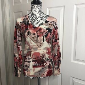 Talbots 100% Merino Wool Red Building Travel Print Scoop Neck Sweater SP Cottage